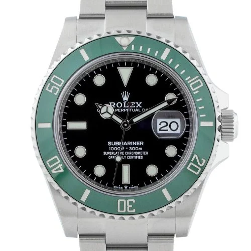 Rolex watch with green bezel and black face on a white background