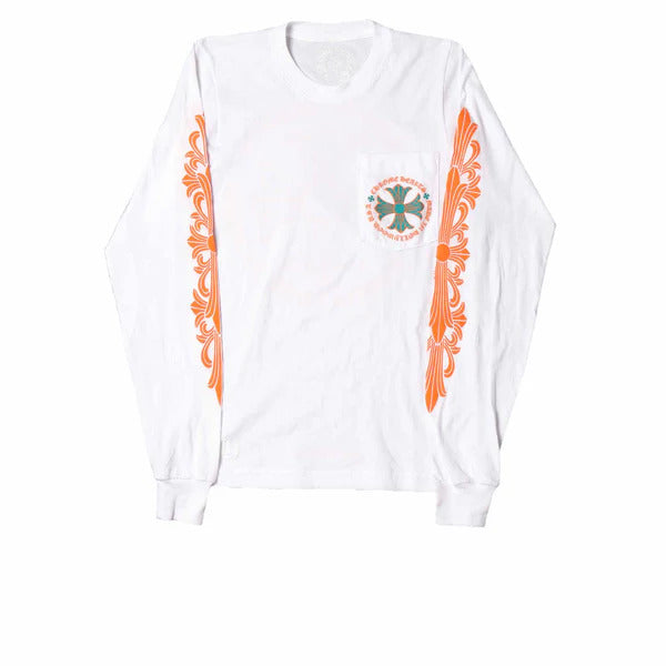 chrome hearts miami art basel White long-sleeve shirt with orange patterns on sleeves and a logo on chest against a white background
