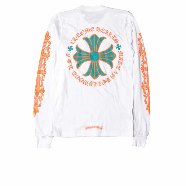 Chrome hearts miami art basel White long-sleeve shirt with decorative design and text on a white background