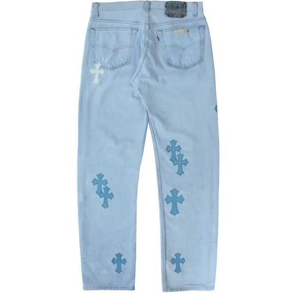 Back view of Chrome Hearts cross patches on Levi’s jeans