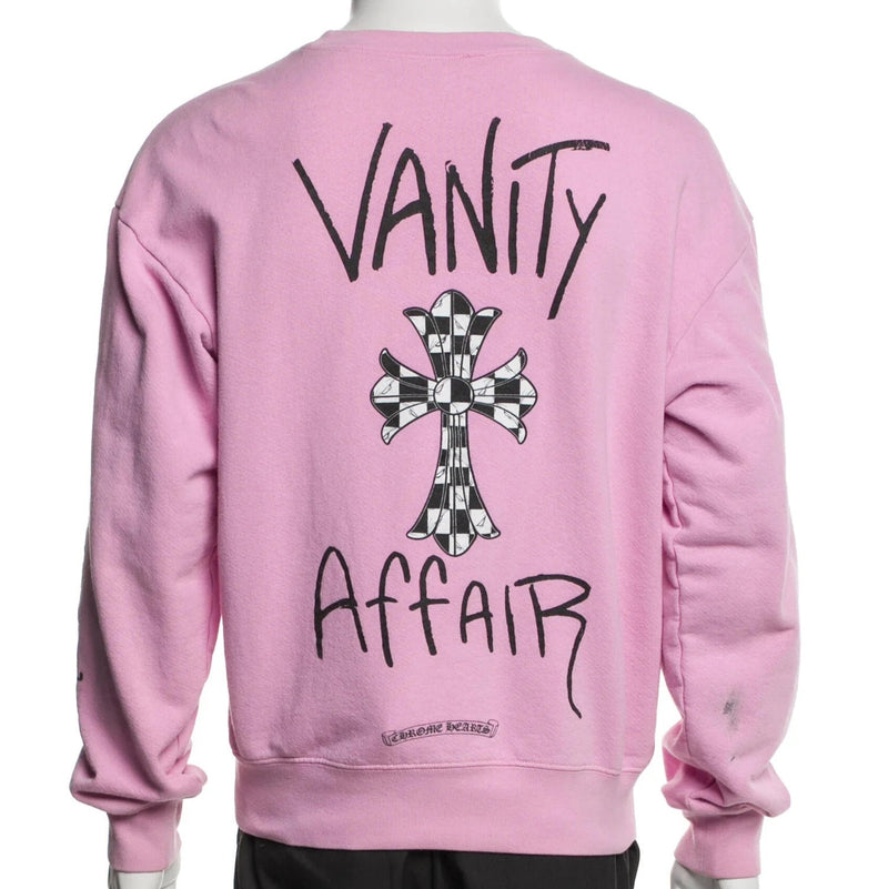 Chrome hearts Pink sweatshirt with 'Vanity Affair' text and graphic on a mannequin against a white background