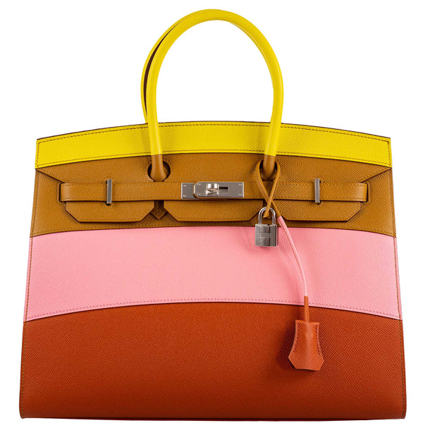 Front view of Hermès Birkin 35 Sellier “Sunrise” Rainbow Epsom