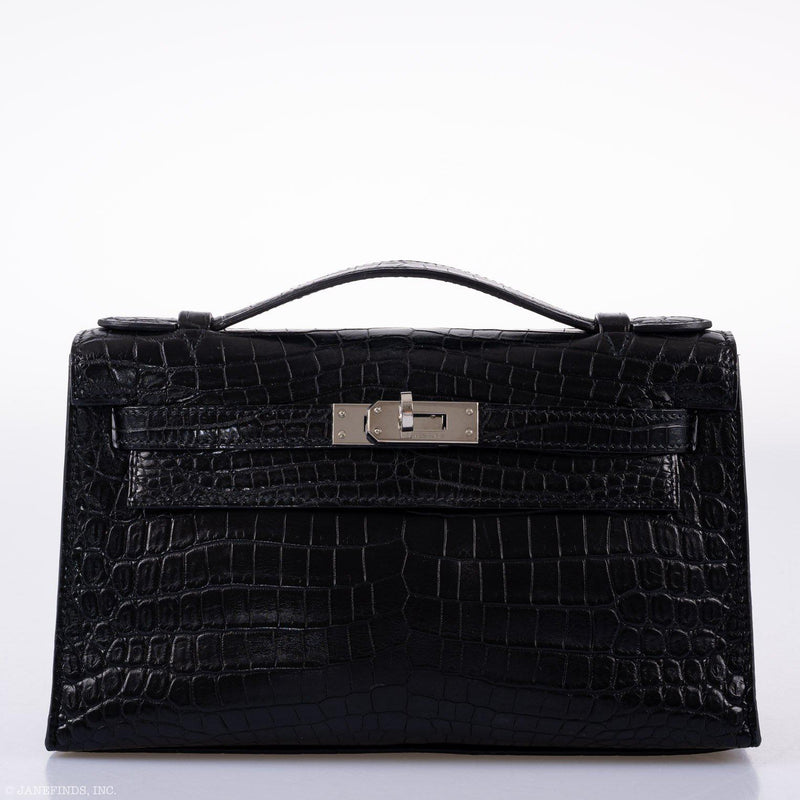 Hermes Kelly Pochette Black Matte Niloticus Crocodile