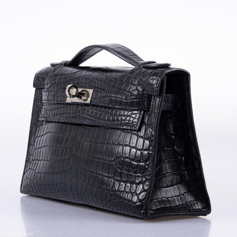 Hermes Kelly Pochette Black Matte Niloticus Crocodile