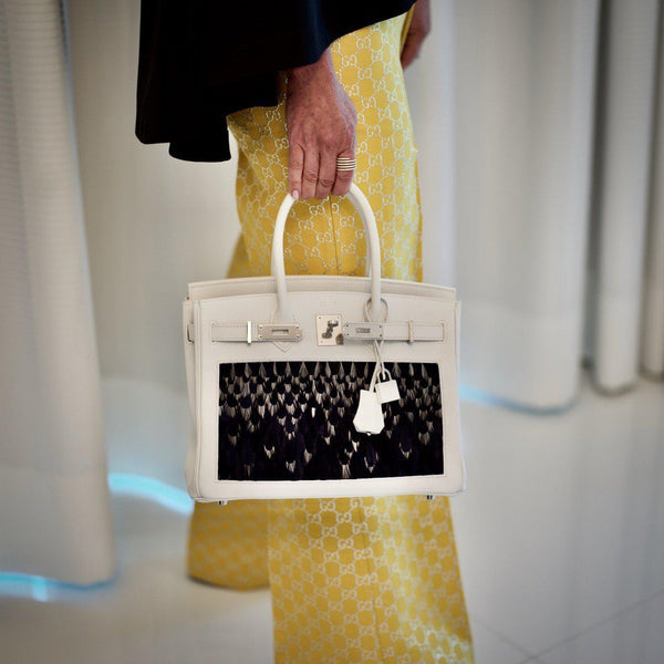 Vintage Hermes Birkin 30 White Epsom Custom Feather Panel