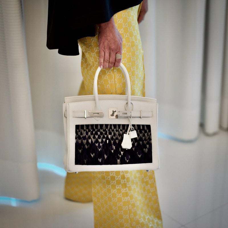 Vintage Hermes Birkin 30 White Epsom Custom Feather Panel