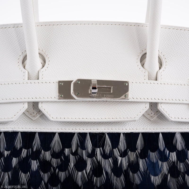 Vintage Hermes Birkin 30 White Epsom Custom Feather Panel