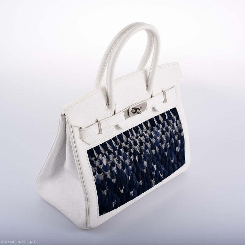 Vintage Hermes Birkin 30 White Epsom Custom Feather Panel
