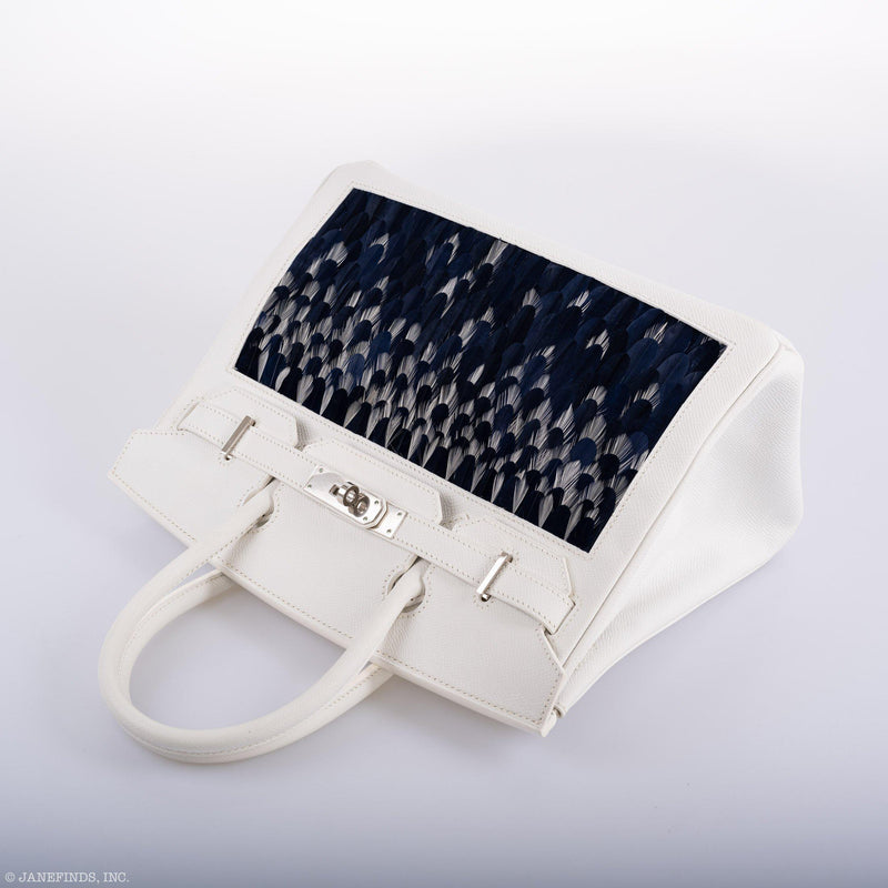 Vintage Hermes Birkin 30 White Epsom Custom Feather Panel