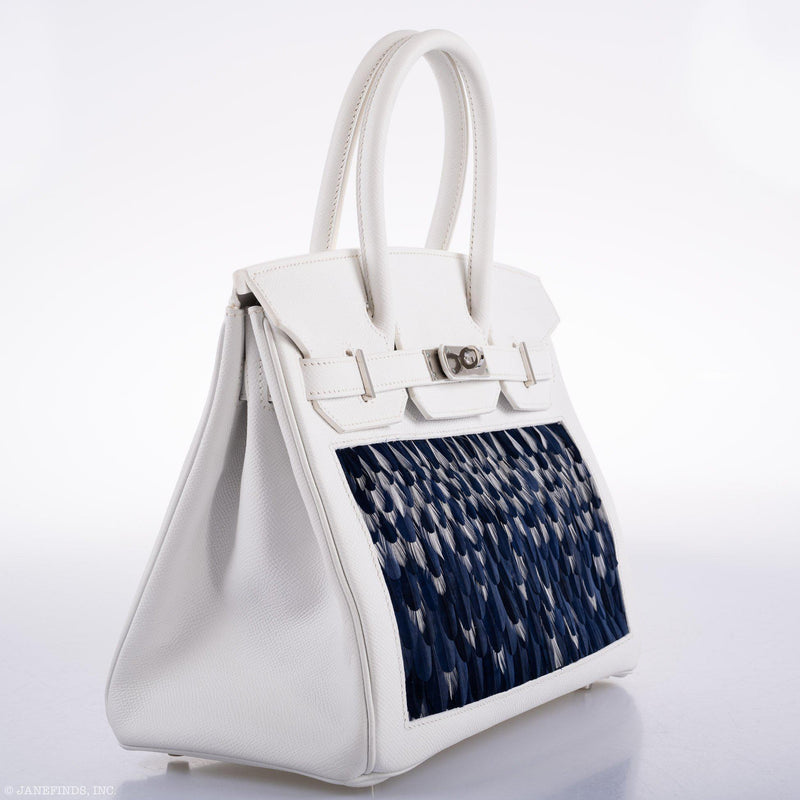 Vintage Hermes Birkin 30 White Epsom Custom Feather Panel
