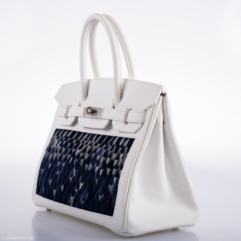 Vintage Hermes Birkin 30 White Epsom Custom Feather Panel