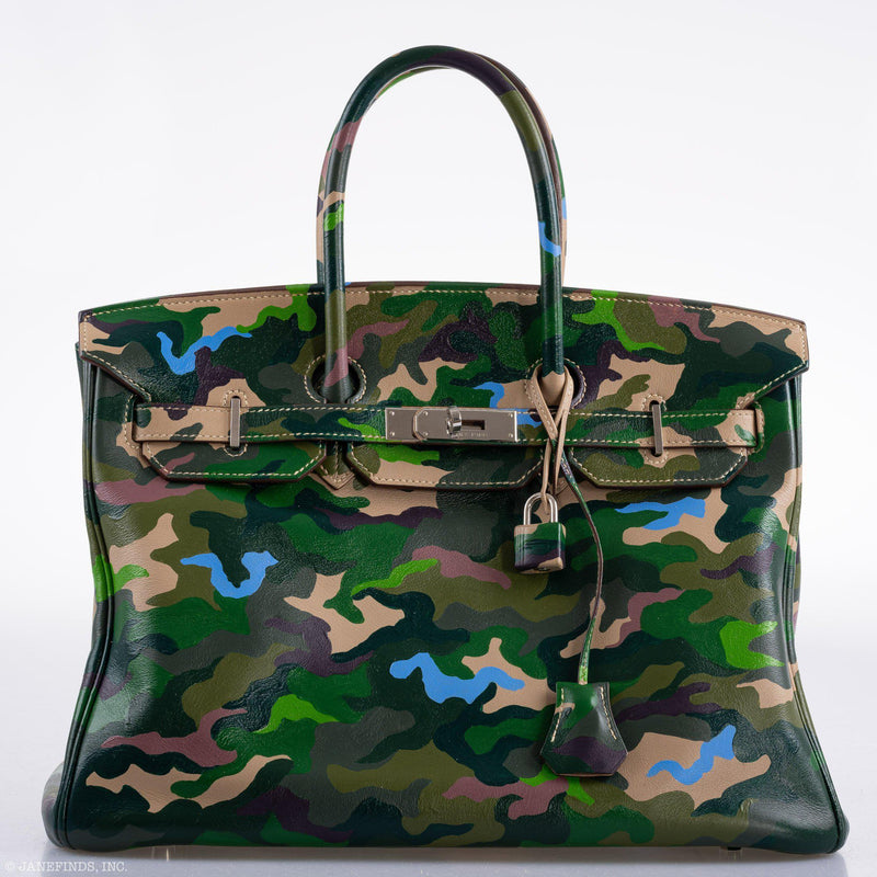 Vintage Hermes Birkin 35 Green Camouflage Swift Palladium