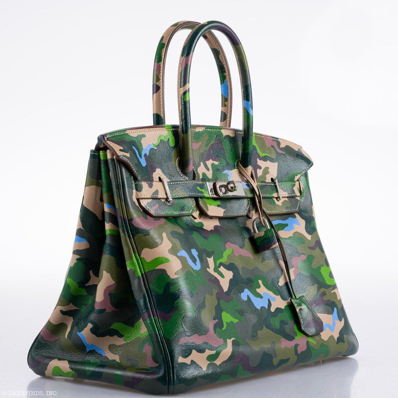 Vintage Hermes Birkin 35 Green Camouflage Swift Palladium