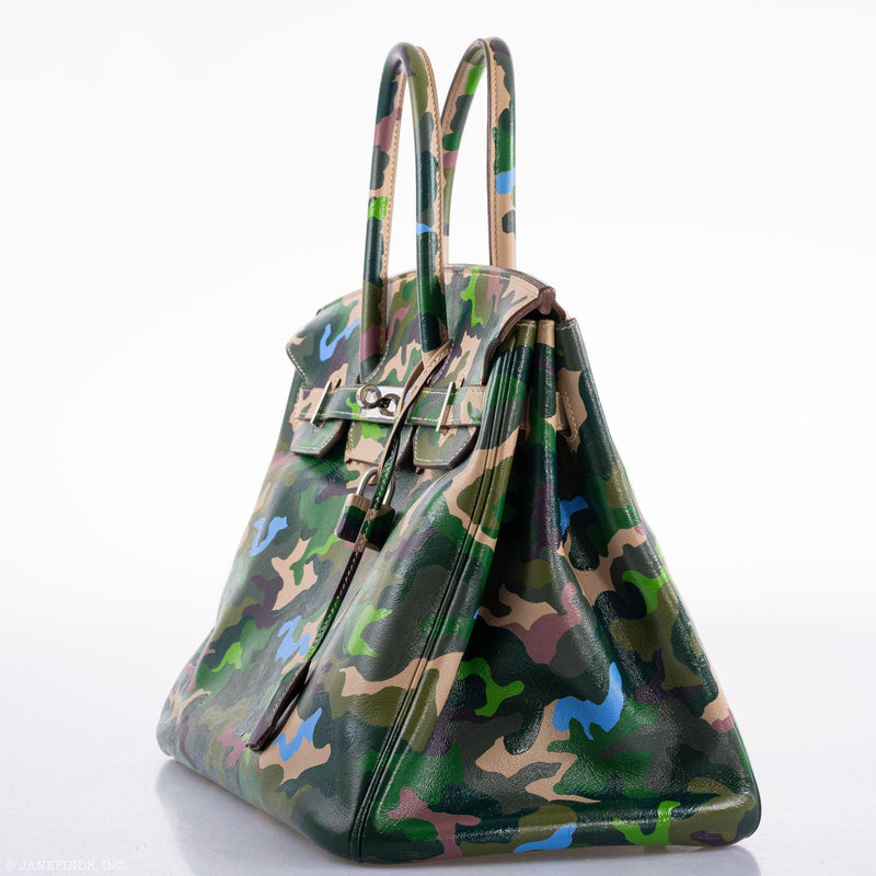 Vintage Hermes Birkin 35 Green Camouflage Swift Palladium