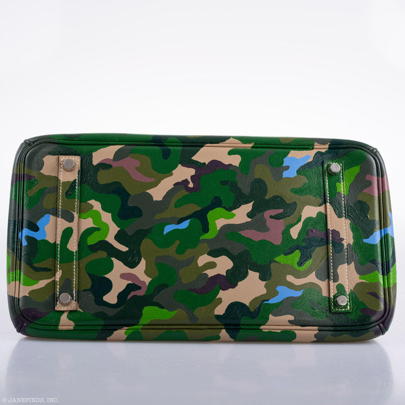 Vintage Hermes Birkin 35 Green Camouflage Swift Palladium