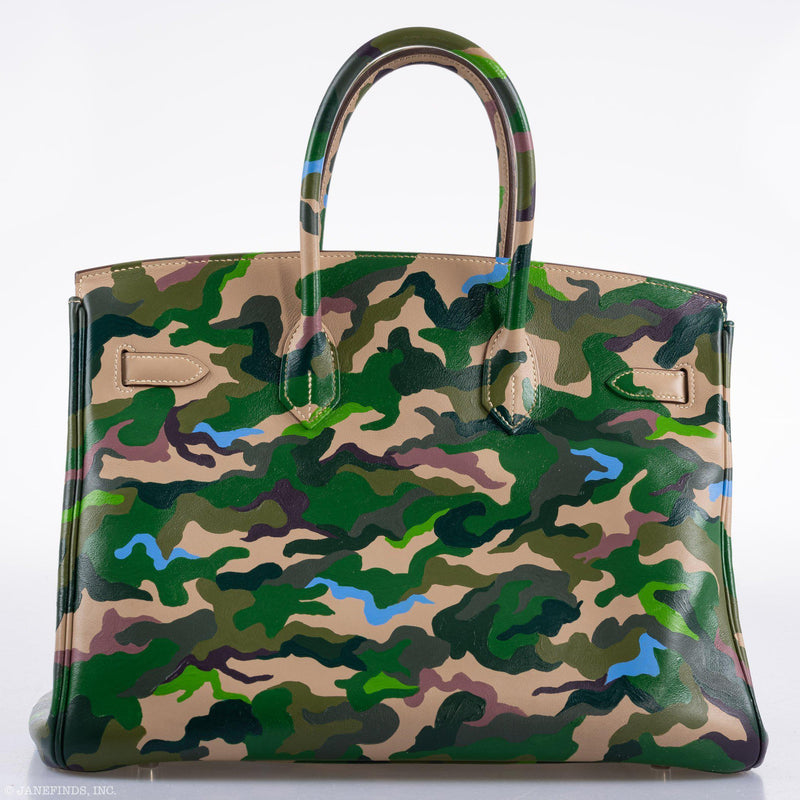 Vintage Hermes Birkin 35 Green Camouflage Swift Palladium