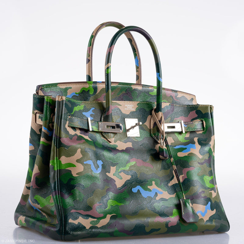 Vintage Hermes Birkin 35 Green Camouflage Swift Palladium