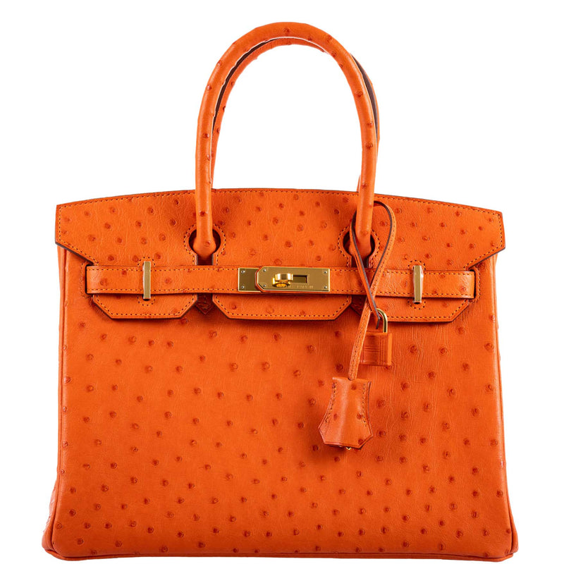 Front view of Birkin 30 Tangerine Ostrich leather with gold hardware