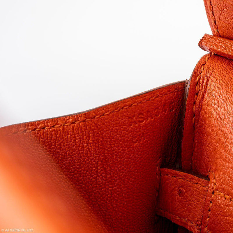 Interior layout of Tangerine Ostrich leather Birkin
