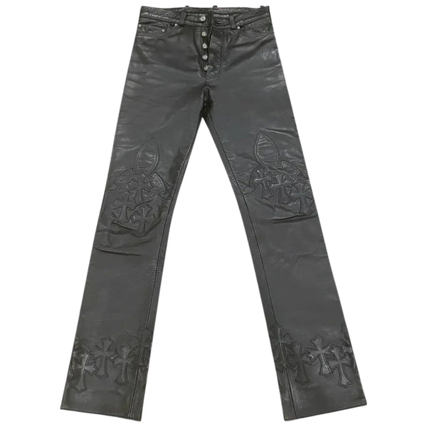 Front view of Chrome Hearts leather pants with Cemetery Cross design