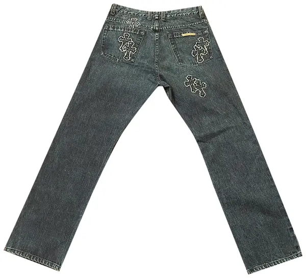 back view of Chrome Hearts Cross Patch Jeans in indigo