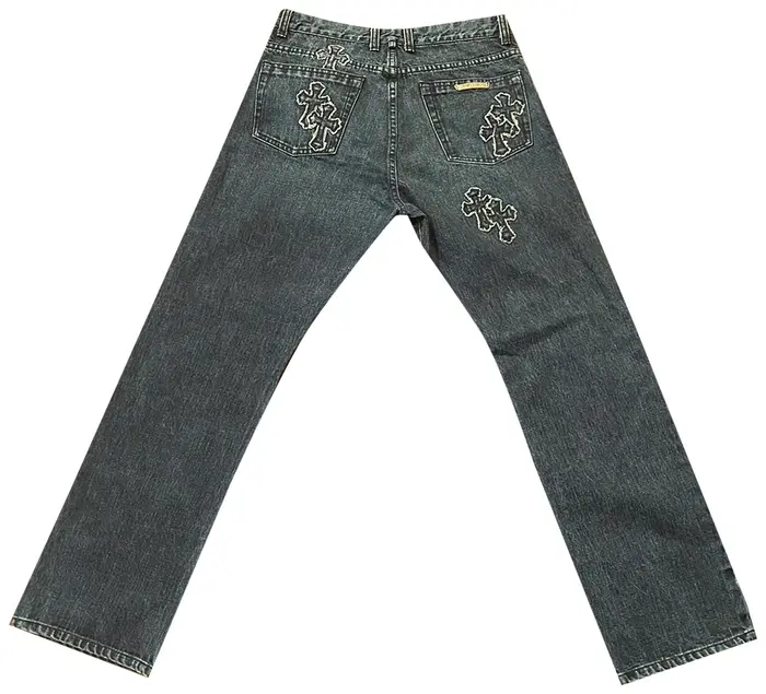 back view of Chrome Hearts Cross Patch Jeans in indigo