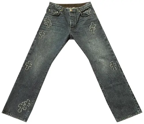 Front view of Chrome Hearts Cross Patch Jeans in indigo