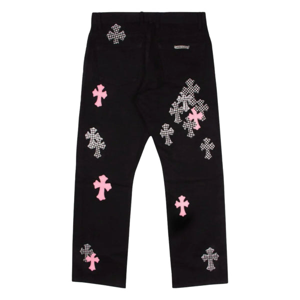 Chrome Hearts Pink & Checkered Cross Patch Fleurknee Jeans