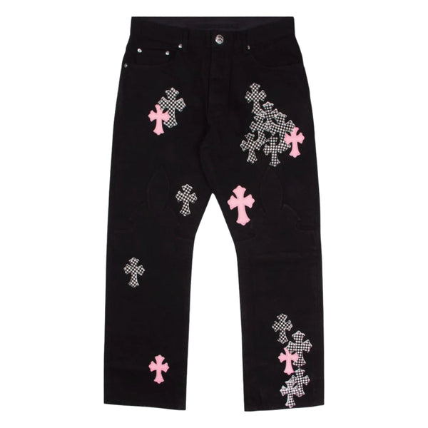 Chrome Hearts Pink & Checkered Cross Patch Fleurknee Jeans