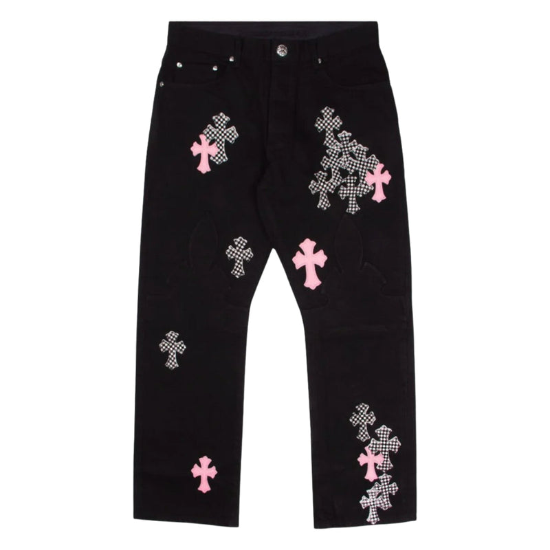 Chrome Hearts Pink & Checkered Cross Patch Fleurknee Jeans