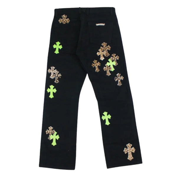 back view of Chrome Hearts jeans with green and leopard cross patches