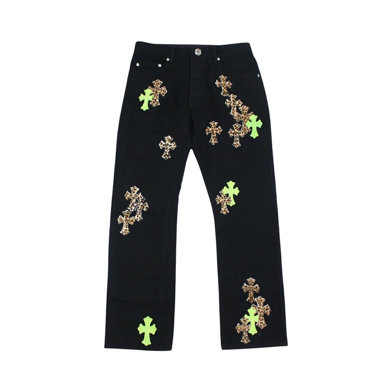 Front view of Chrome Hearts jeans with green and leopard cross patches