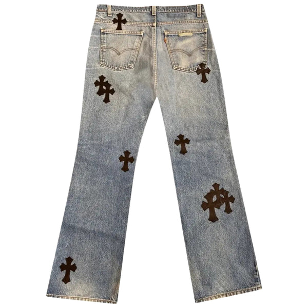 Rear view showing back pocket leather cross patch