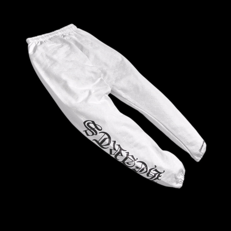 Front view of Chrome Hearts PLUS PRINT white sweatpants