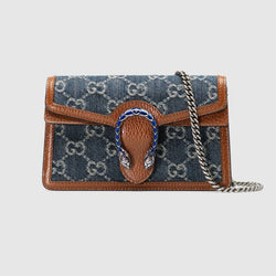 Front view of the Gucci Dionysus Super Mini in blue GG jacquard denim