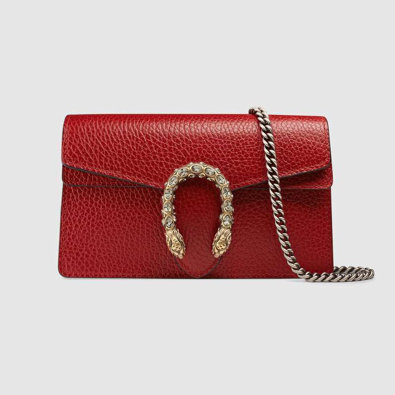 Front view of the Gucci Dionysus Super Mini in Hibiscus Red leather
