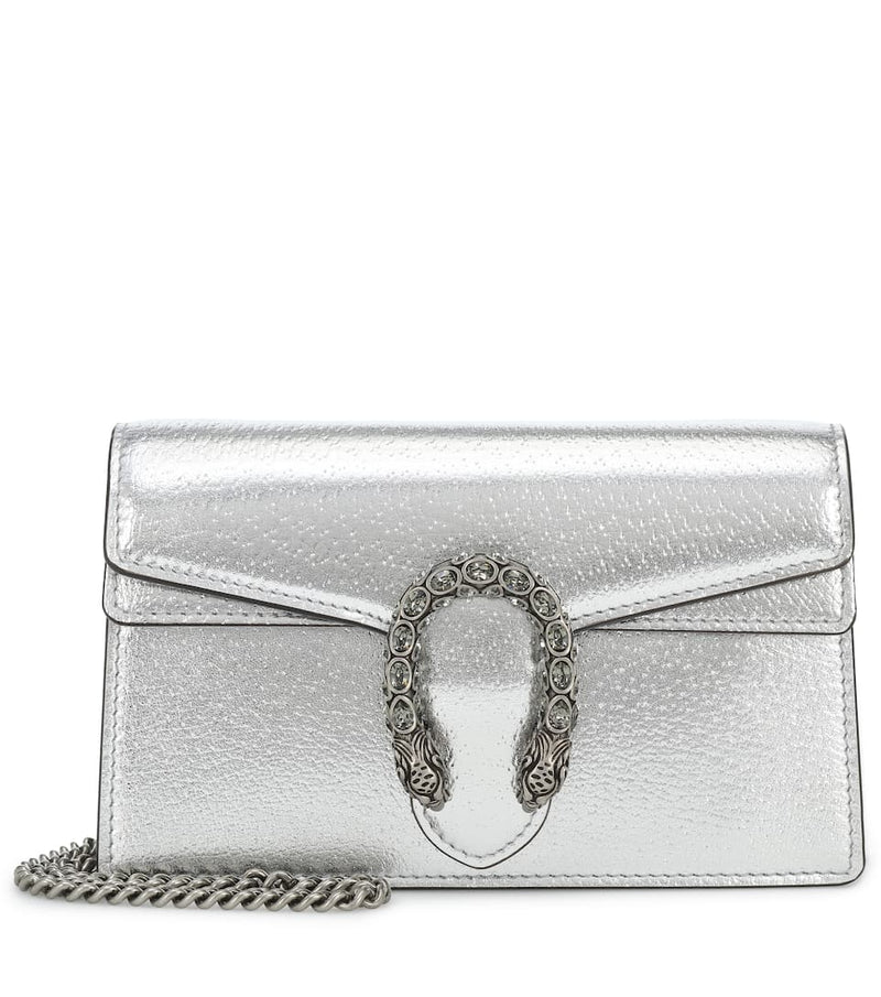 Front view of the Gucci Dionysus Super Mini in grained silver leather
