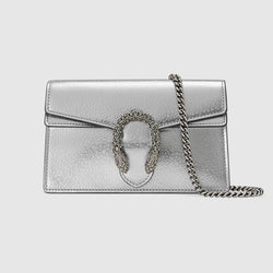 A close-up of the shimmering silver lamé leather texture