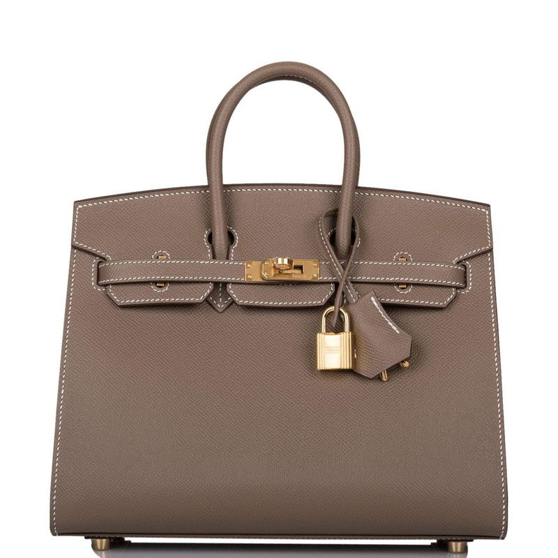 Front view of Hermès Birkin Sellier 25 Etoupe Epsom with Gold hardware
