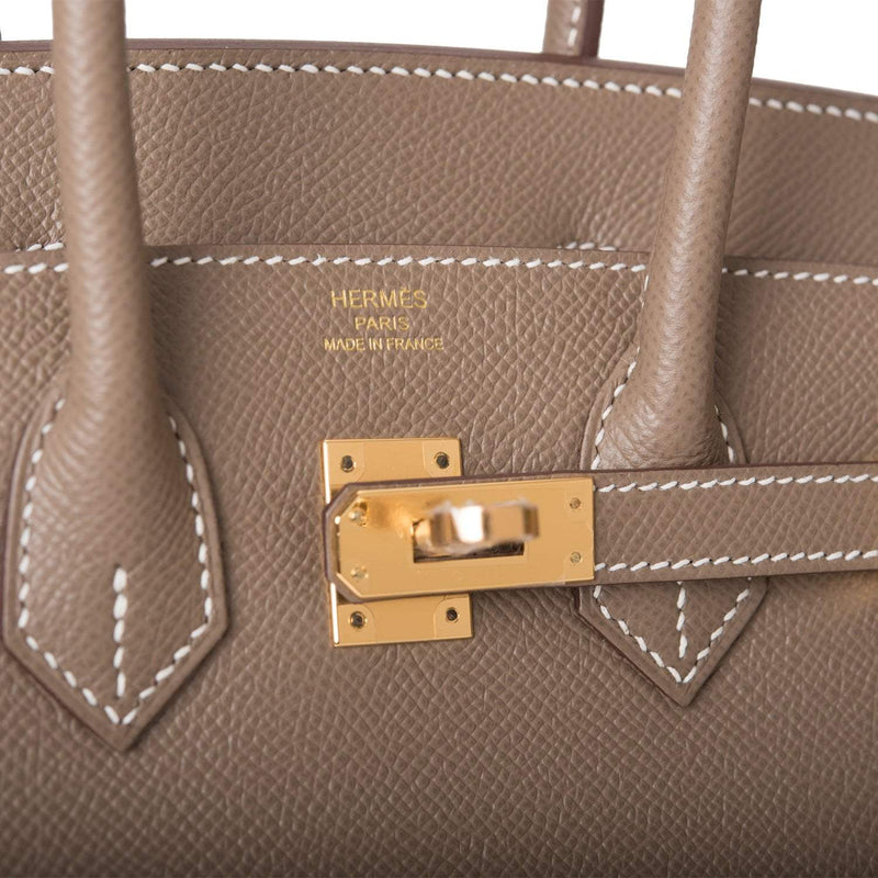 lock view of Hermès Birkin Sellier 25 Etoupe Epsom with Gold hardware
