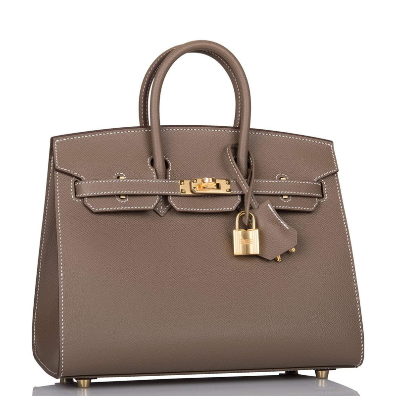 right view of Hermès Birkin Sellier 25 Etoupe Epsom with Gold hardware