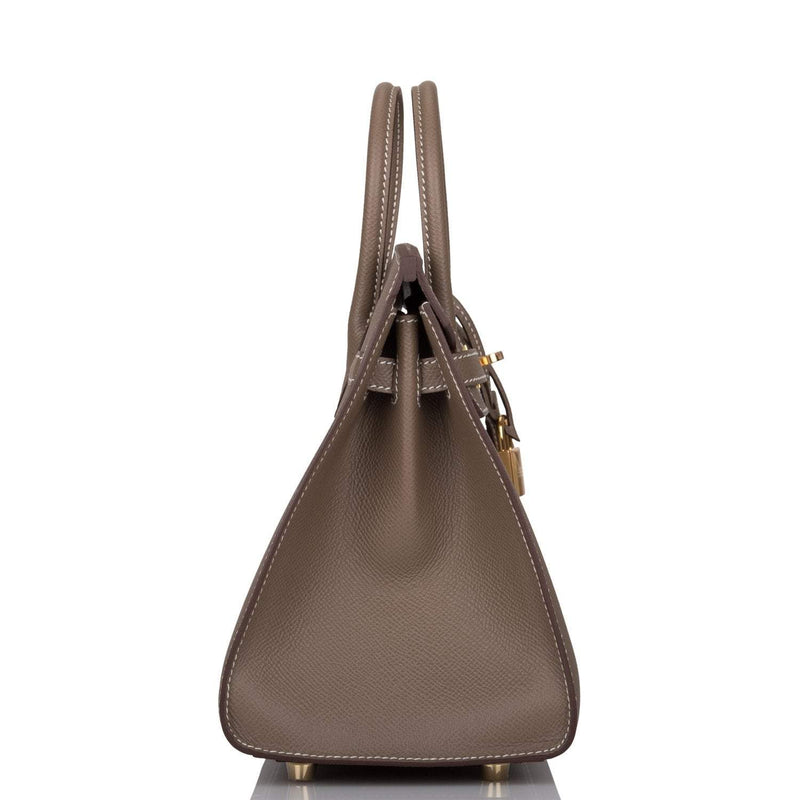 side view of Hermès Birkin Sellier 25 Etoupe Epsom with Gold hardware