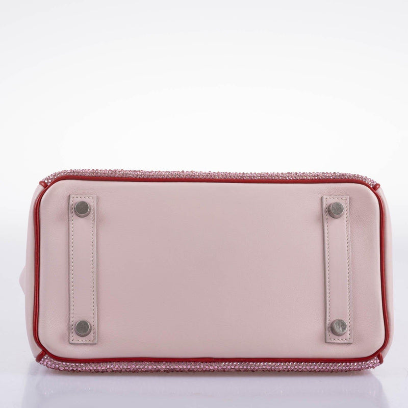 Angled front view of Birkin 25 showing two-tone Swift leather