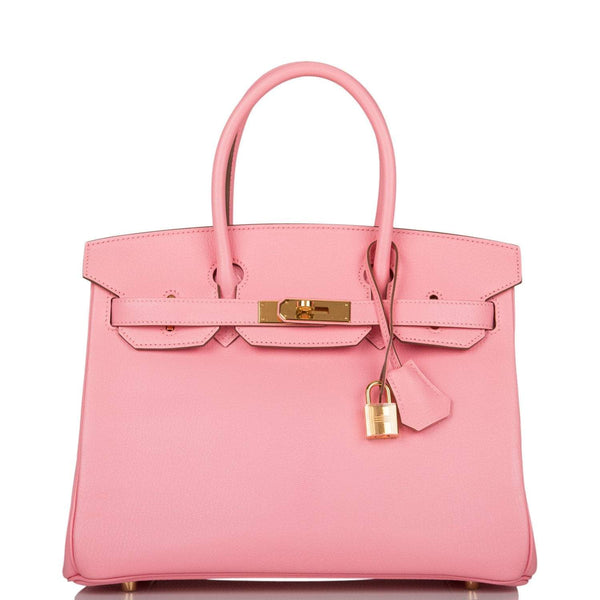 Hermes Birkin 30 handbag in Rose Confetti Chevre leather with gold hardware.