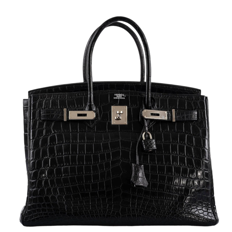 Bottom view of Hermes Birkin 35 matte black crocodile leather