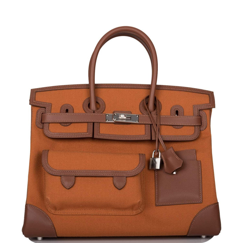 Hermes Birkin 35 Cargo bag in Marron Inde Swift leather and Gold Toile canvas with palladium hardware.