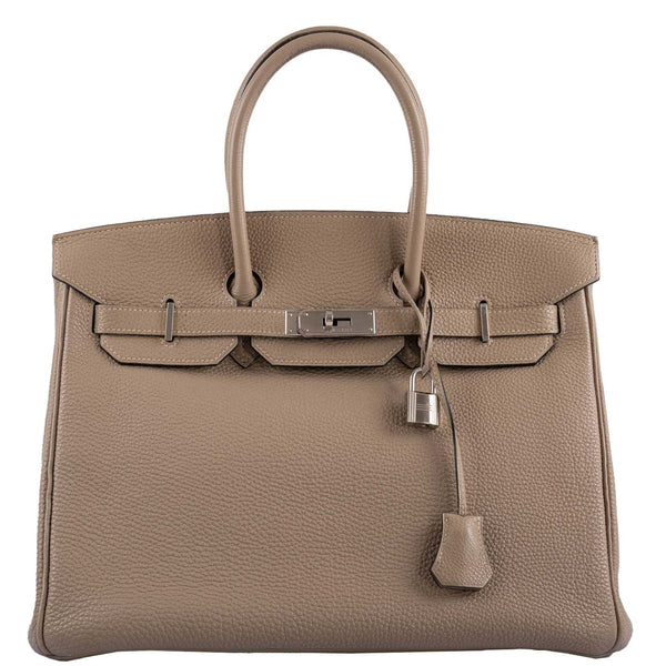 Front view of Hermes Birkin 35 Gris Tourterelle Togo with palladium hardware


