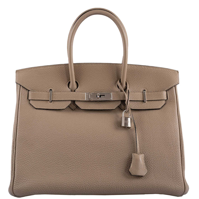 Front view of Hermes Birkin 35 Gris Tourterelle Togo with palladium hardware


