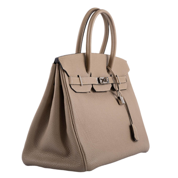 Side profile of Hermes Birkin 35 in Gris Tourterelle leather