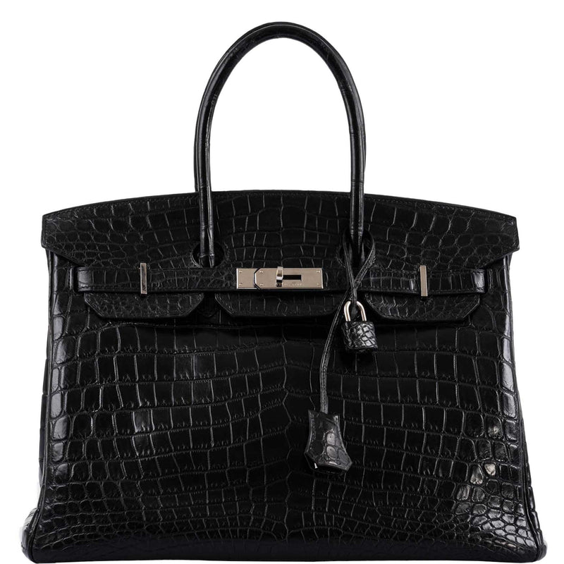 Front view of Hermes Birkin 35 in matte black Niloticus crocodile leather